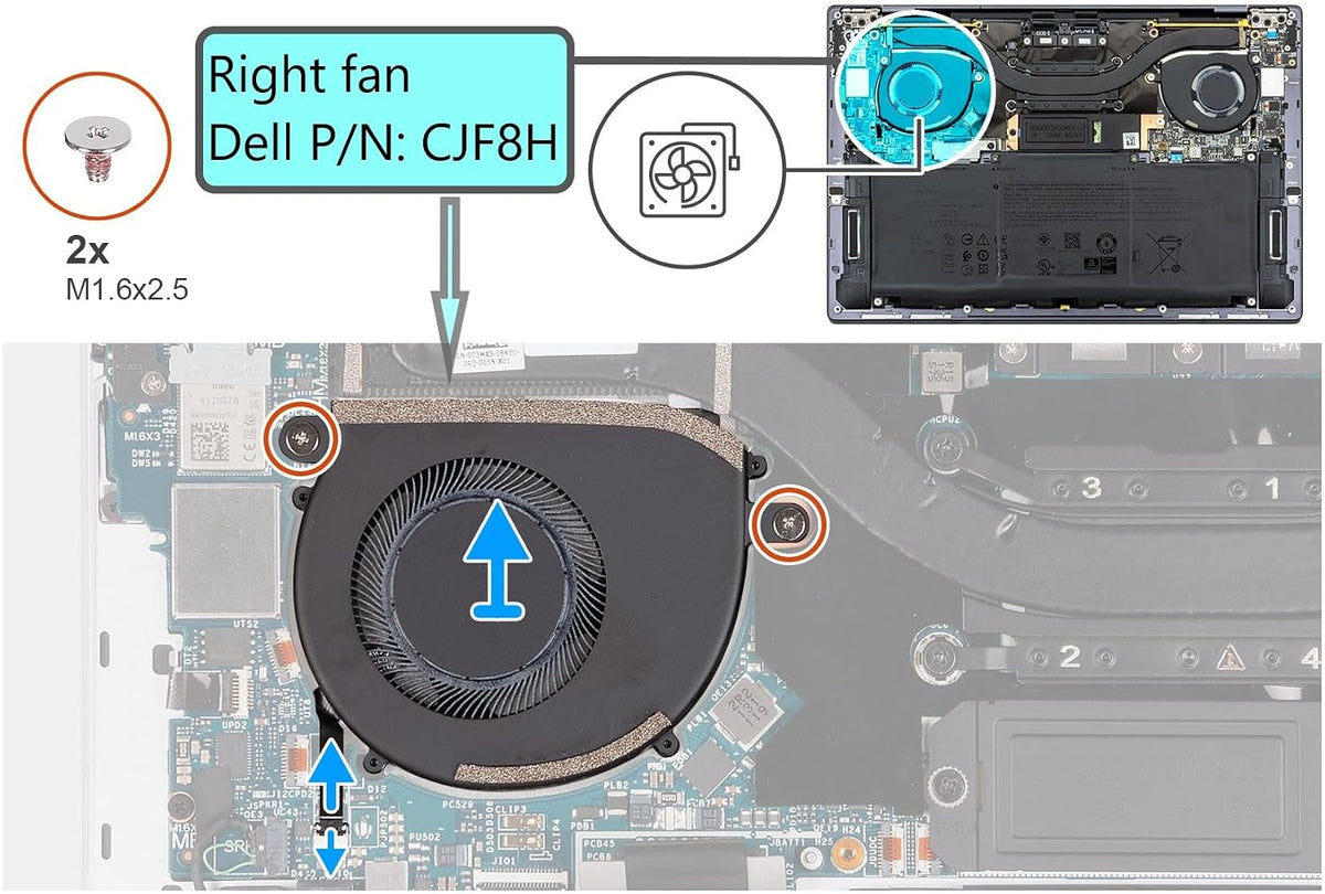 Compatible Cooling Fan RIGHT for Dell XPS 13 9340 (2024), 9345 (2024), 9350 (2024), model EG50040S1-CW90-S9A, ND55C98-23C02, CJF8H, 0CJF8H, DC280016SSL, DC28001 6SDL